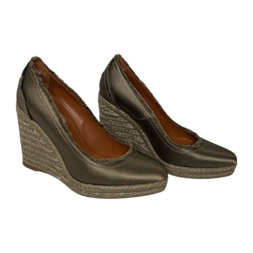 Lanvin Khaki Olive Green Satin Wedge Pumps Espadrille Sz 36